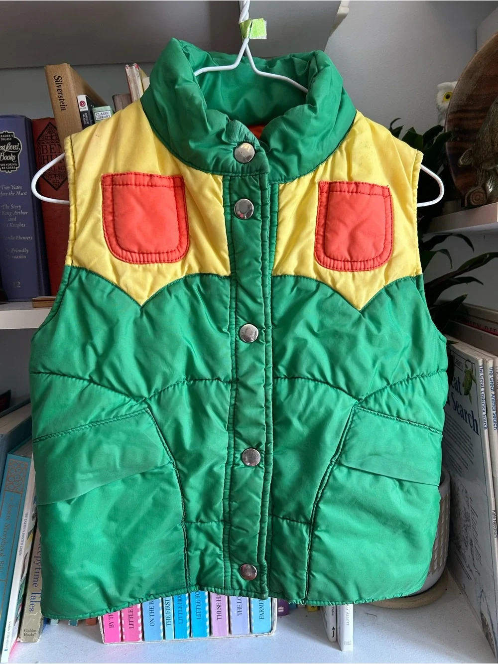 Vintage Green & Yellow Kids Puffer Vest with Red Accent
